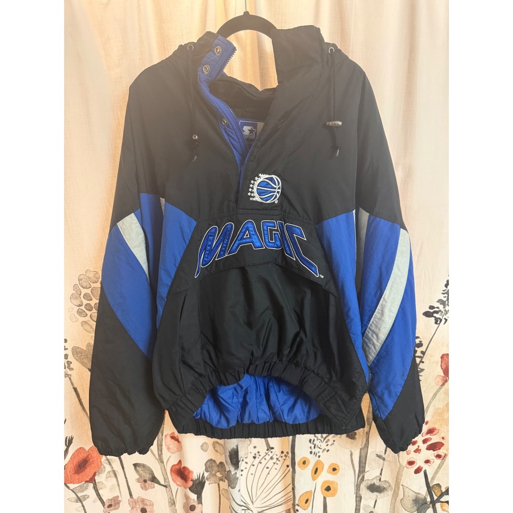 Vintage Orlando Magic Starter Jacket Mens XL NBA Puffer Pullover Black Blue 90s